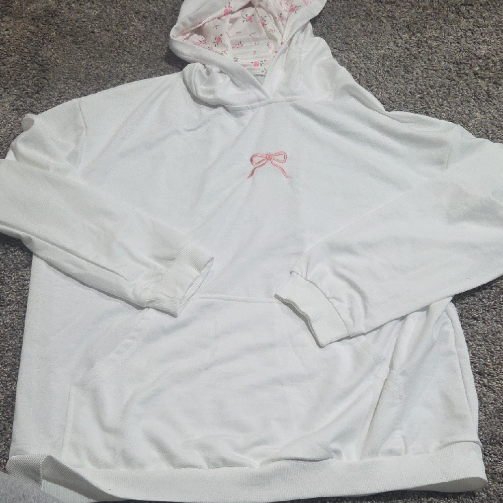 SHEIN White Hoodie With Pink Embroidered Bow - Cute And Preppy! Hood Designs